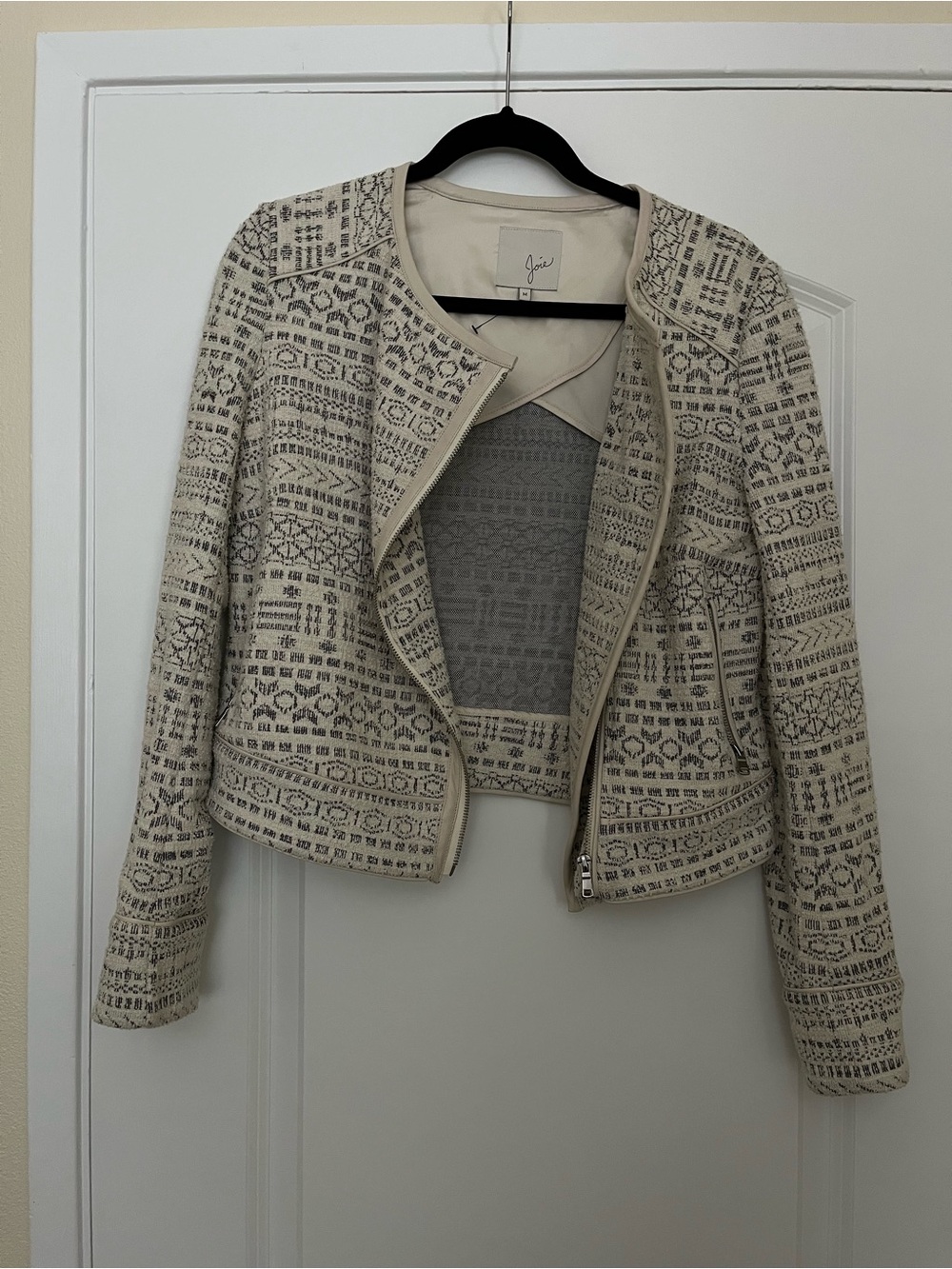 Joie Cream Patterned Open-Front Biker Blazer